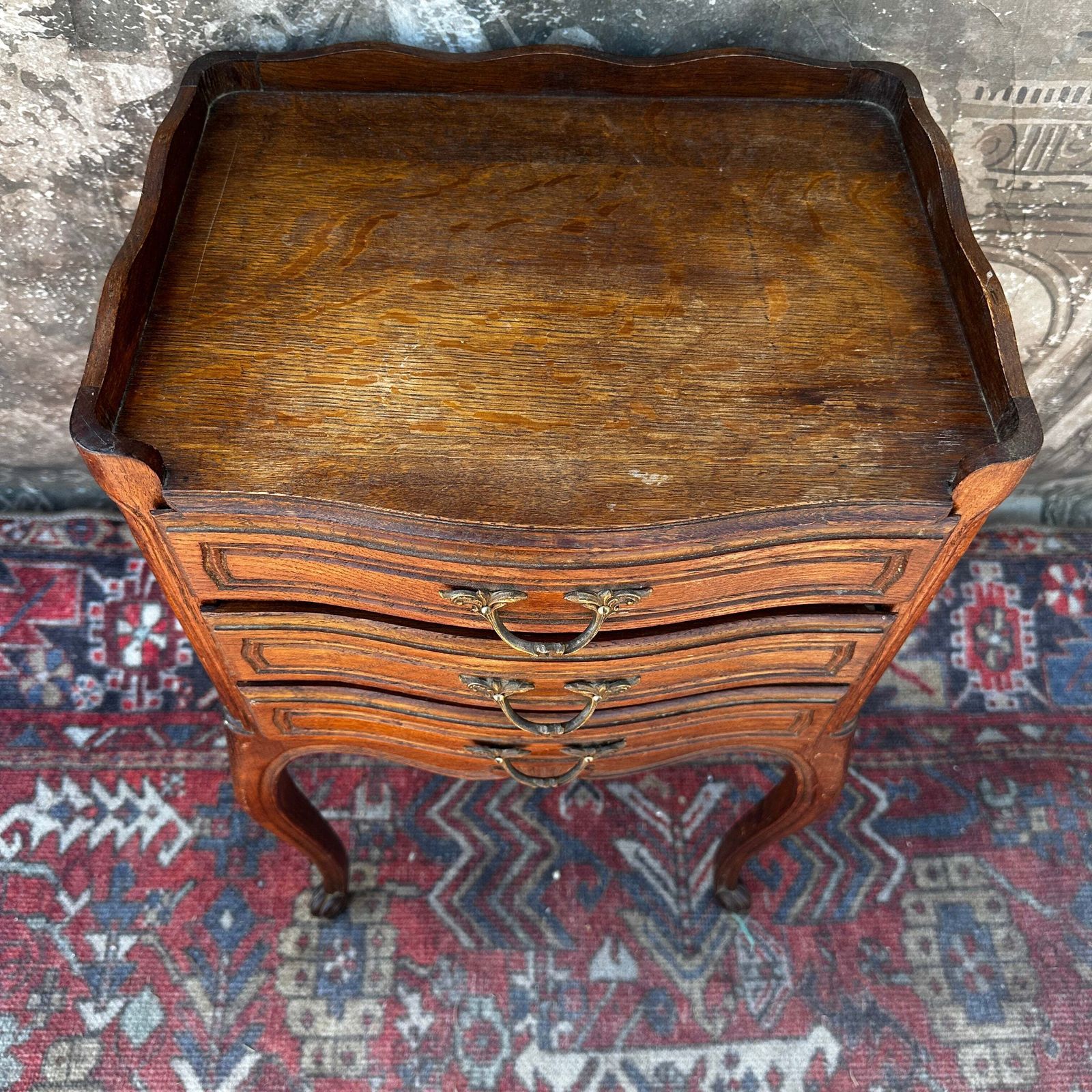 Furniture French Antique Louis XV Oak Nightstand With 3 Drawers photo