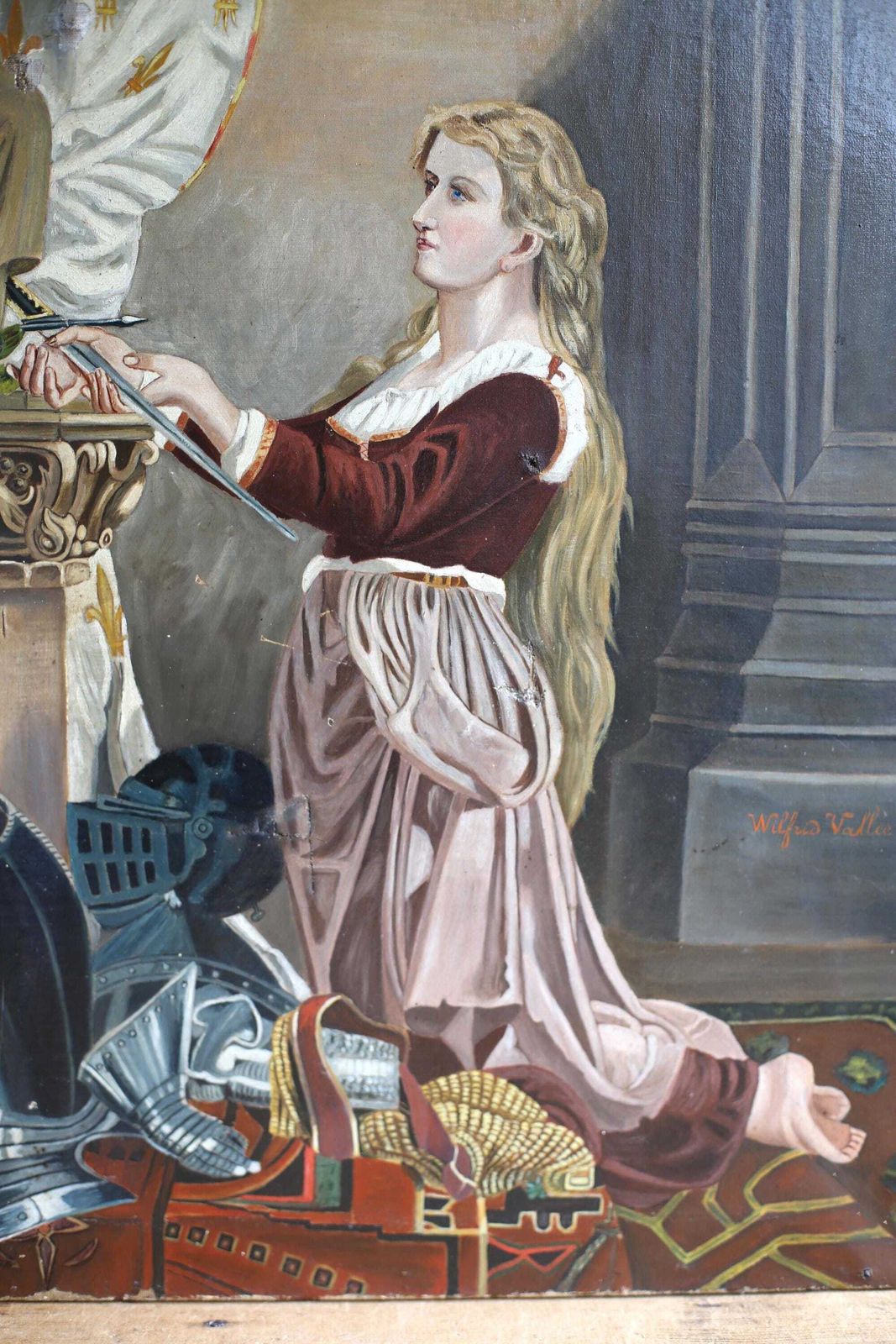 Antique French Joan Of Arc & Madonna Oil Painting Portrait Virgin Mary Religious Art photo furniture