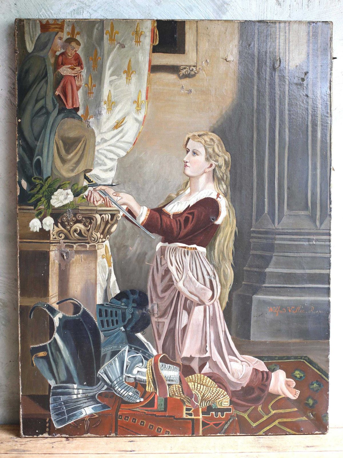 Antique French Joan Of Arc & Madonna Oil Painting Portrait Virgin Mary Religious Art photo for sale