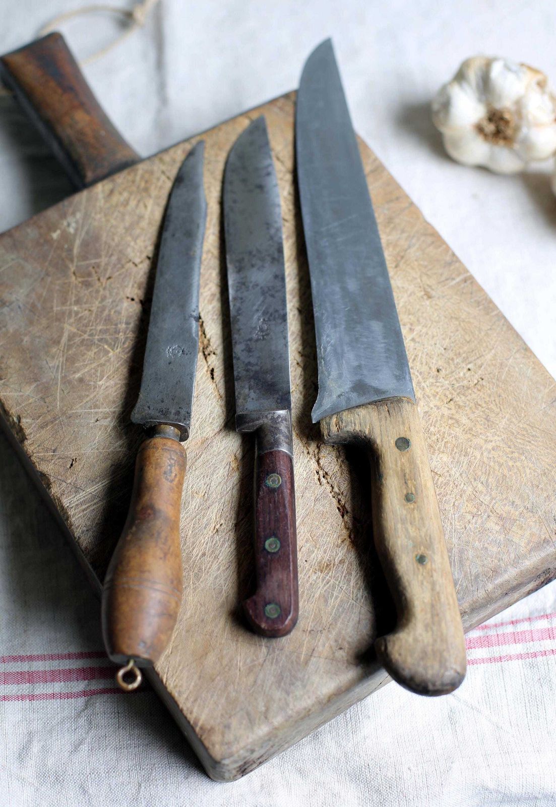 Collection Of 3 Antique French Kitchen Knives Steel Blades Wooden Handles Set Of 3 Butchers Knife photo for sale