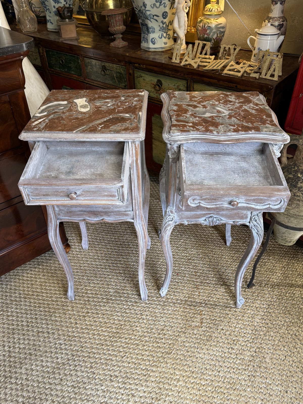 Pair Of French Antique Bedside Tables Marble Topped Side Cabinets photo vinterior