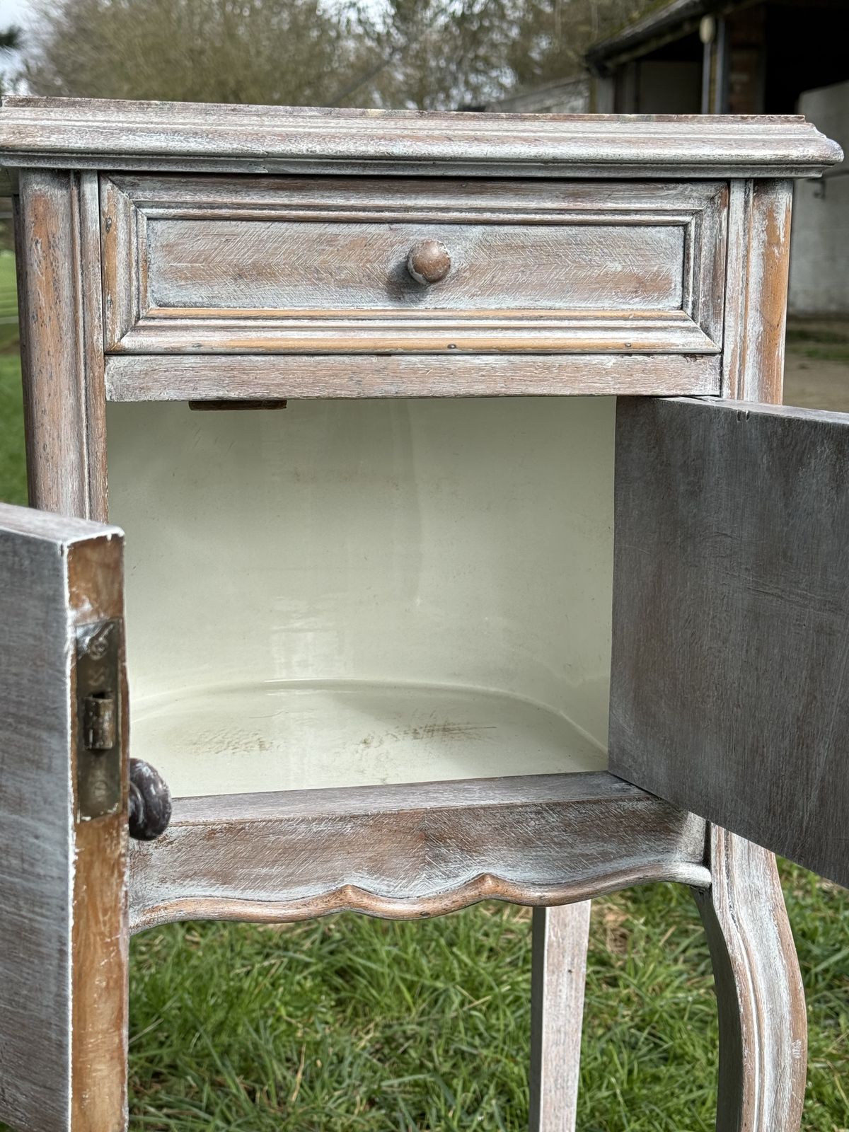 photo furniture Pair Of French Antique Bedside Tables Marble Topped Side Cabinets