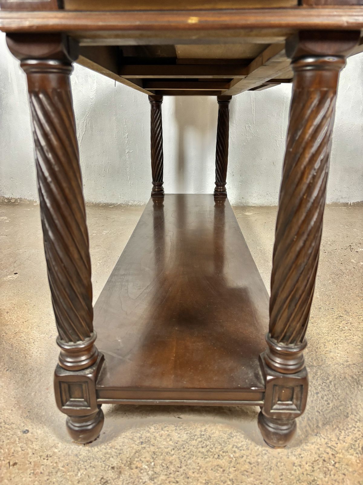 photo vintage Large Spanish Walnut Rustic Console With Three Drawers And Lower Shelf, 1930s