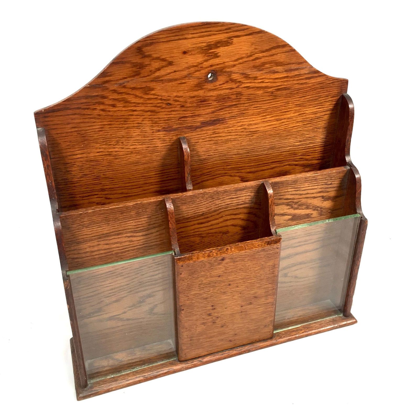 photo furniture Antique Wooden Oak & Glass Tabletop Stationery Holder / Hotel Leaflet Rack C1930