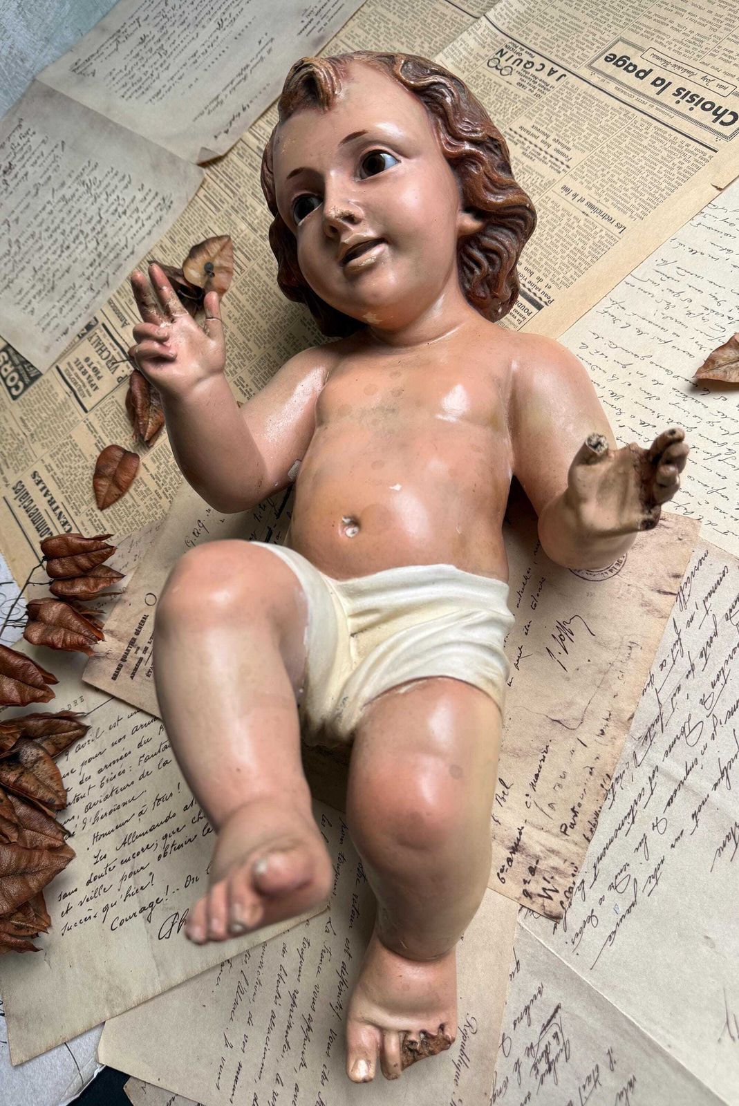 photo buy Large Antique Baby Jesus With Glass Eyes Spanish Creche Statue Plaster Infant Christ Figurine For Nativity Scene