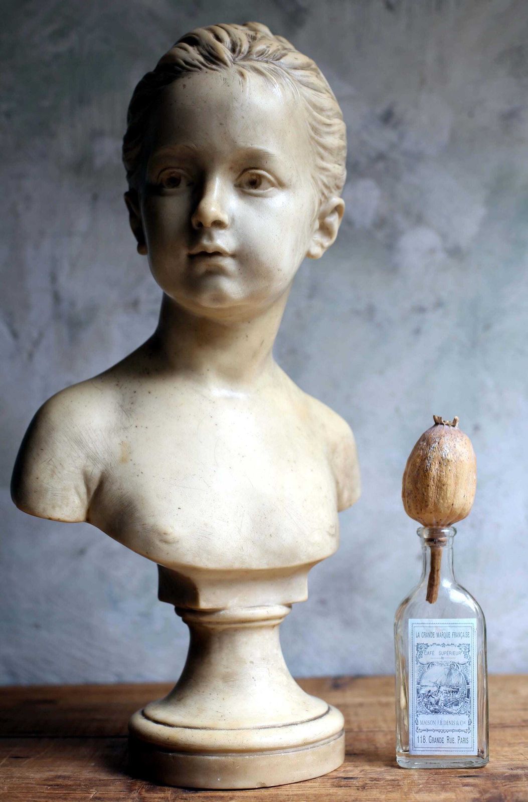Large Antique Wax Bust Of Louise Brongniart After Houdon | Signed Embil French Child Portrait Sculpture | Neoclassical Decor