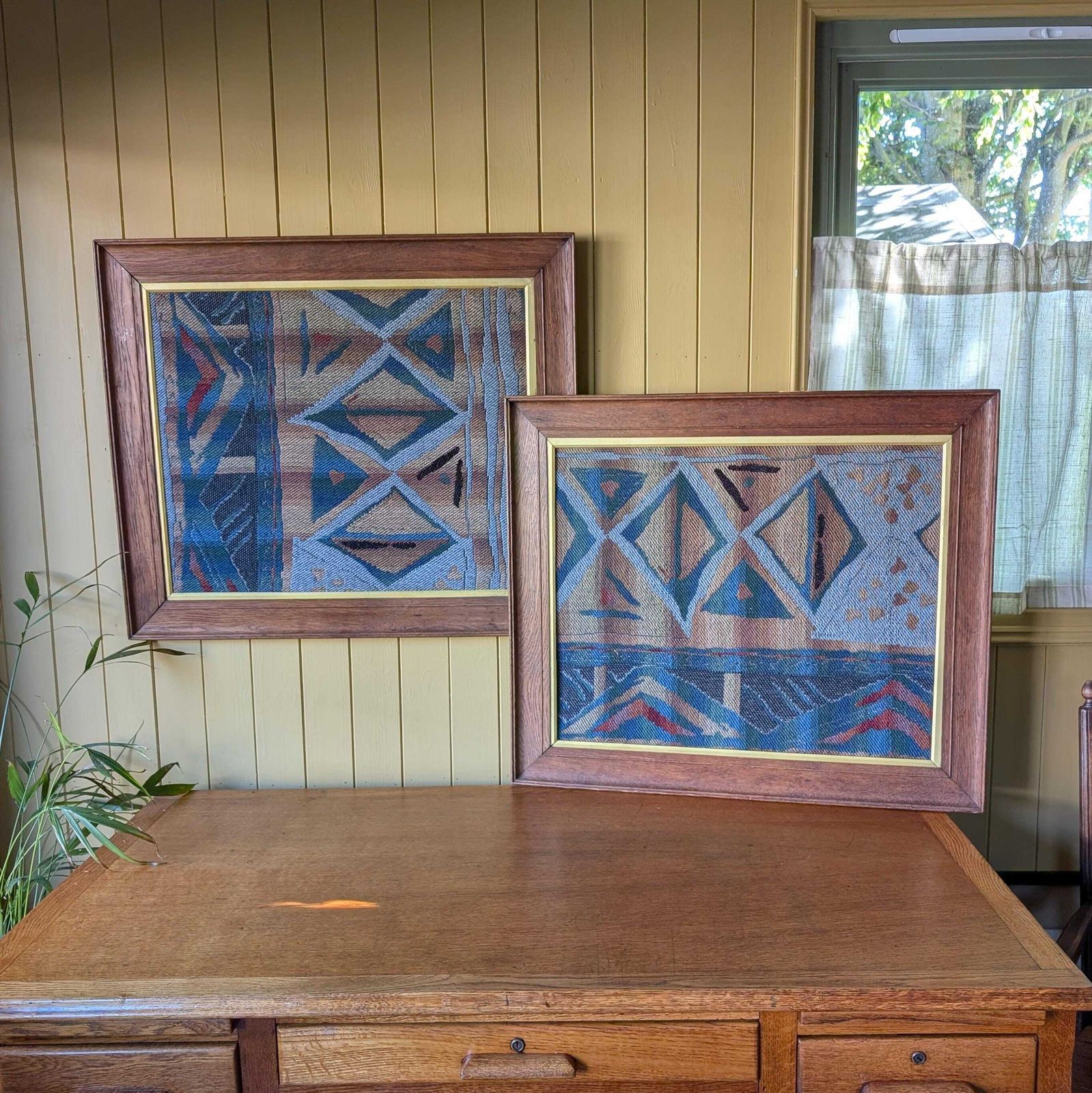 Pair Of Vintage Mid Century Modern Swedish Flatweave Textiles In Oak Frames