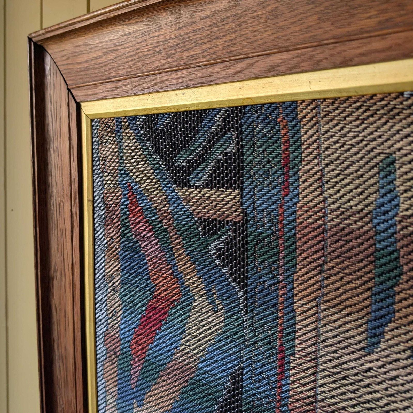 Pair Of Vintage Mid Century Modern Swedish Flatweave Textiles In Oak Frames photo for sale