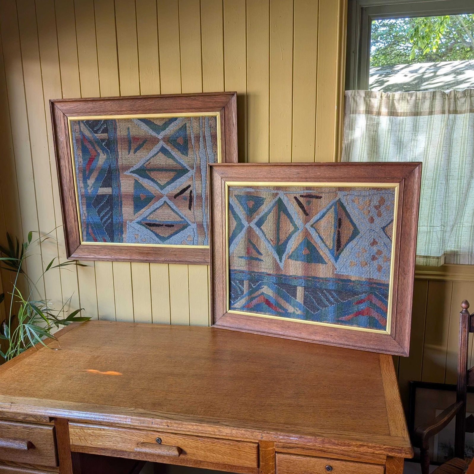 Pair Of Vintage Mid Century Modern Swedish Flatweave Textiles In Oak Frames photo vintage