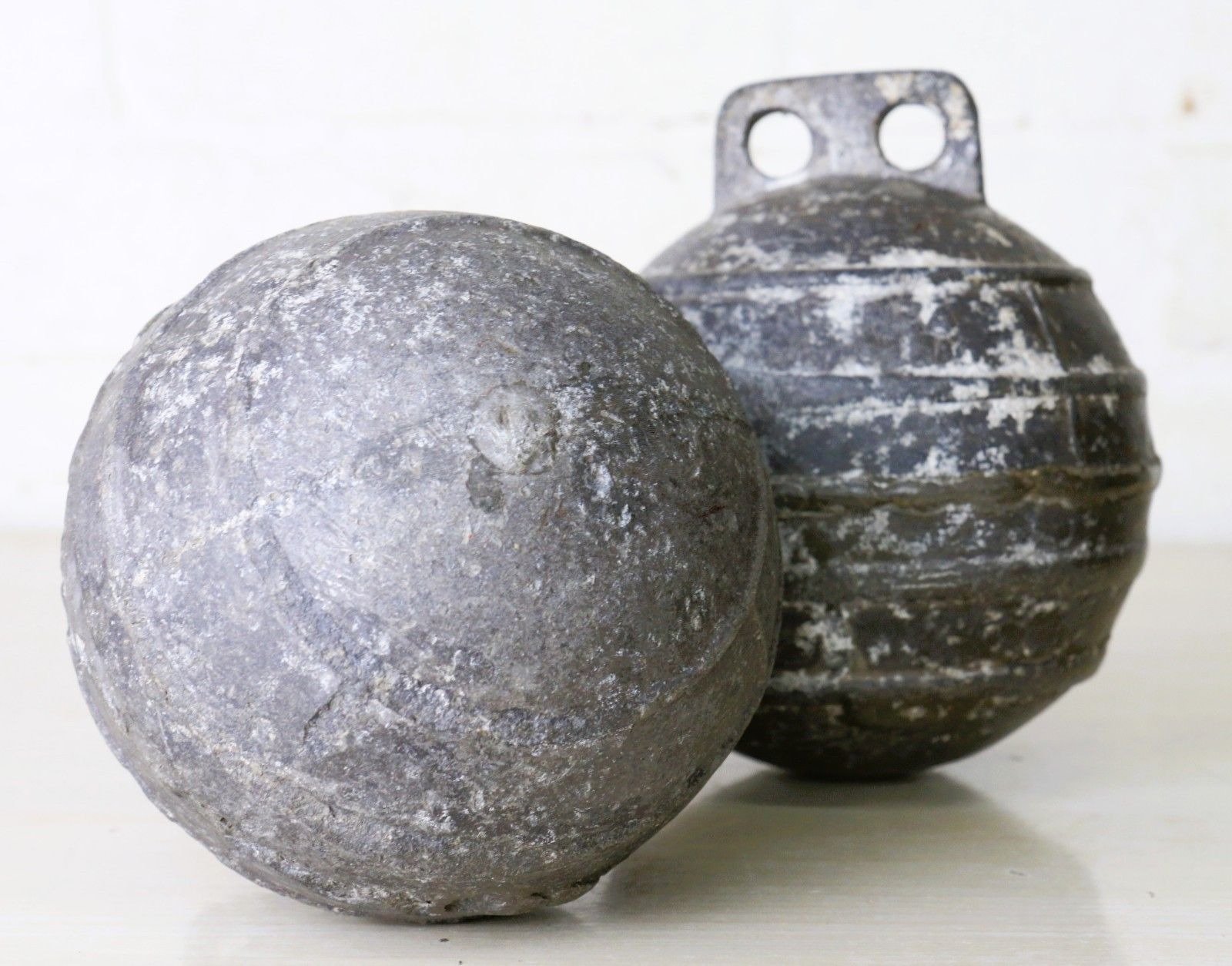 photo furniture Two Vintage/Antique Old Alloy Sea Fishing Buoys Floats Well Used And Weathered