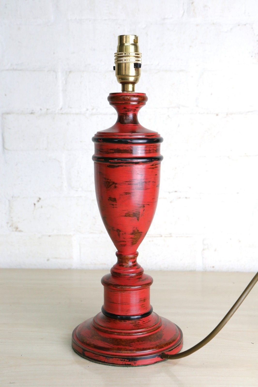 Table Lamp Vintage Turned Wooden Lamp Distressed Red Finish Antique Shaped 1980s photo for sale