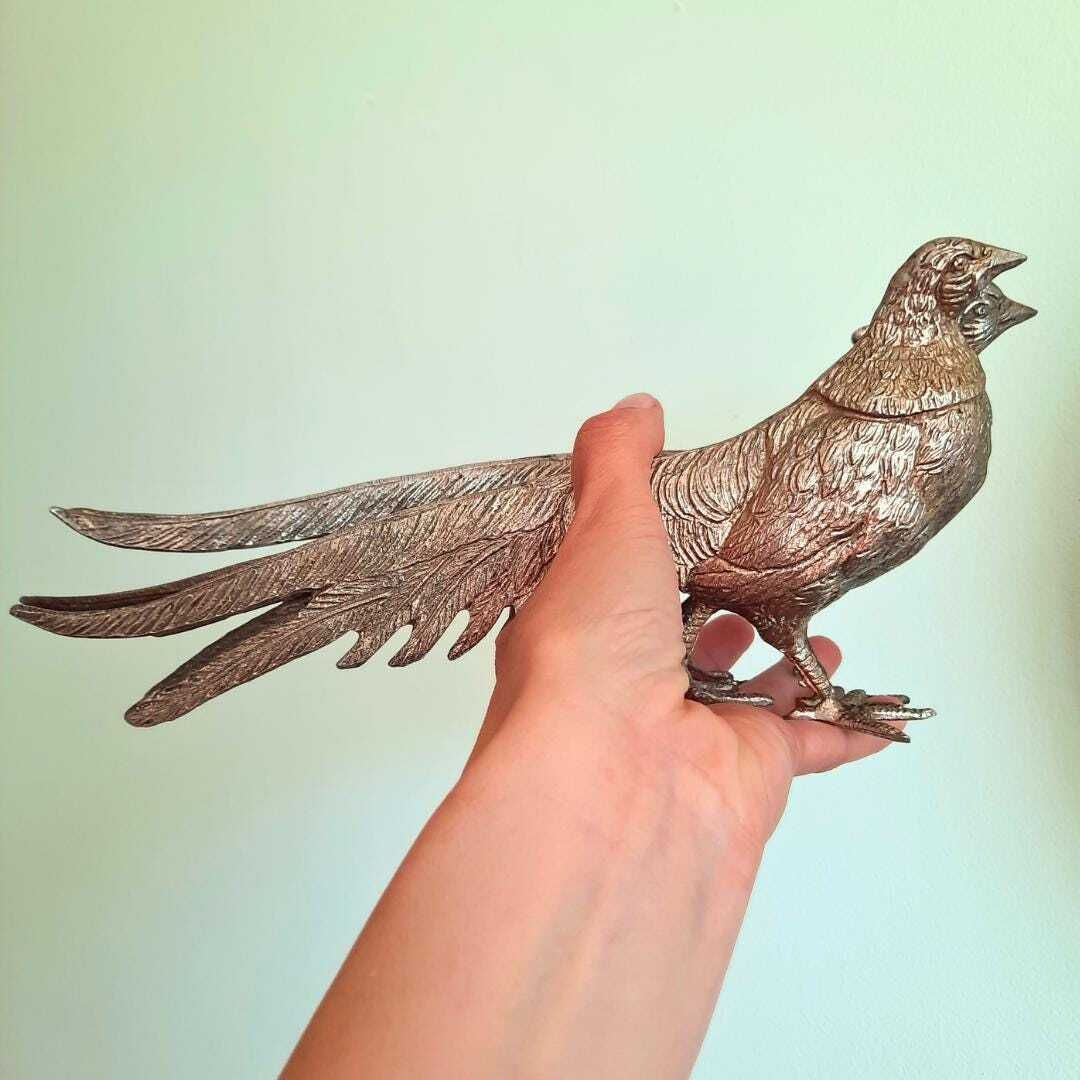 Large Mid Century Italian Silver Tone Pheasants Figures Pair, Italian Retro Home Decor, Metal Birds Figurines