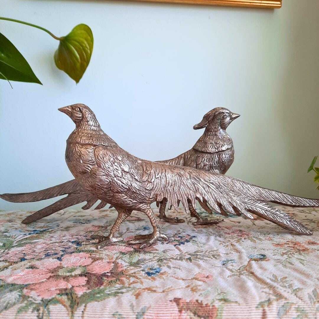 Large Mid Century Italian Silver Tone Pheasants Figures Pair, Italian Retro Home Decor, Metal Birds Figurines photo furniture