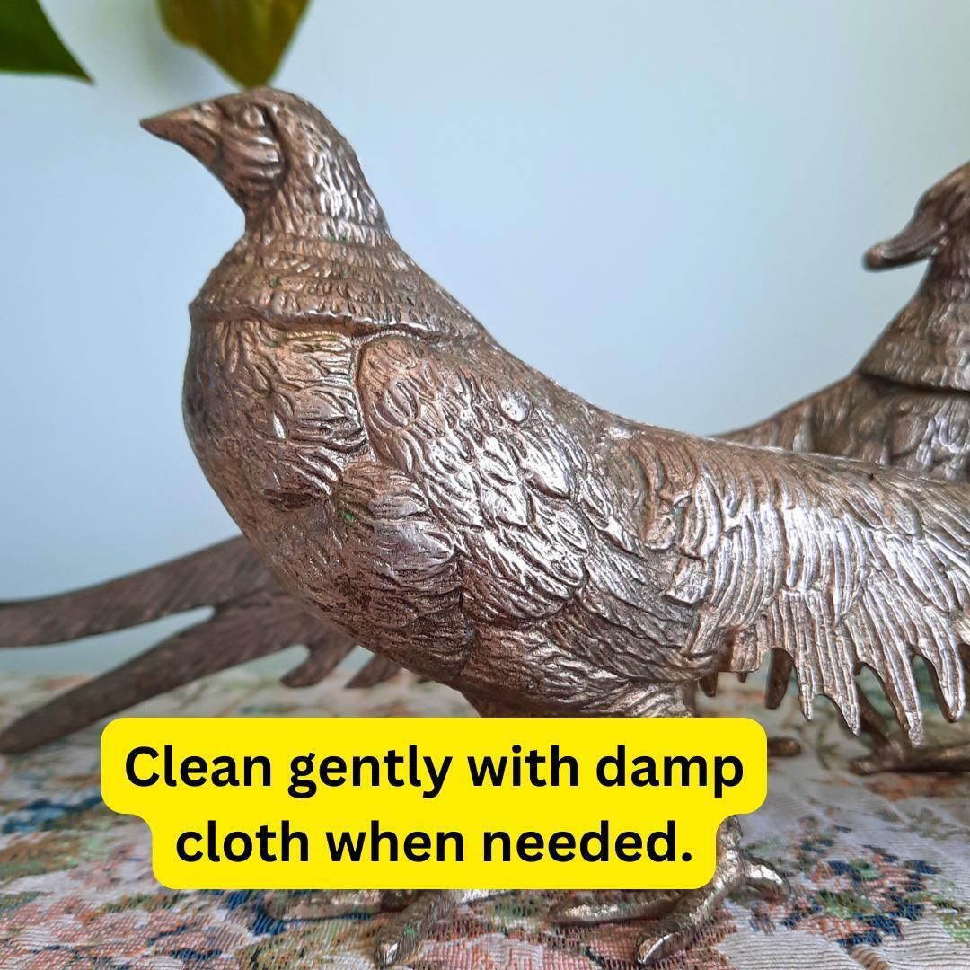 Large Mid Century Italian Silver Tone Pheasants Figures Pair, Italian Retro Home Decor, Metal Birds Figurines photo Home Decor