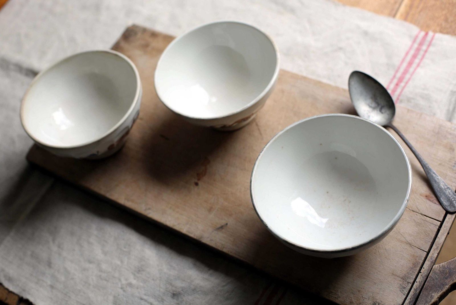 photo furniture 3 Antique French Cafe Au Lait Bowls Set Of Faceted Dishes Milk Maid Dairy Cows