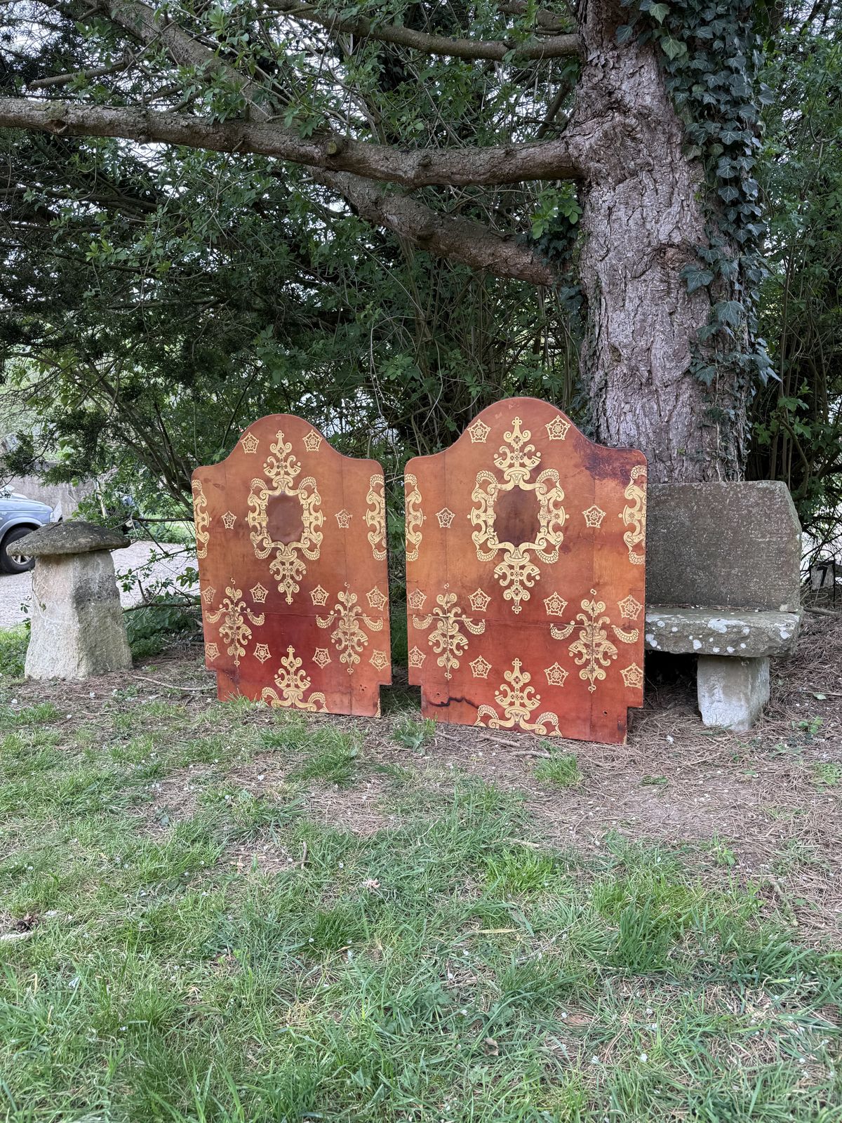 photo furniture Pair Of Leather Gilt Single Headboards