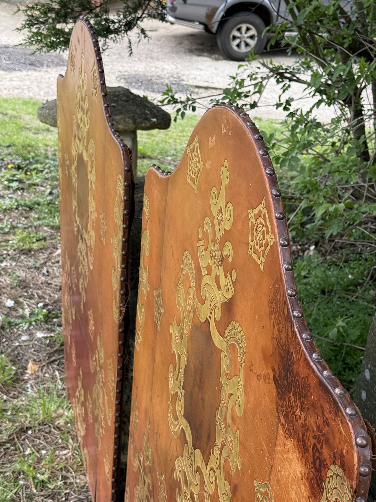 photo for sale Pair Of Leather Gilt Single Headboards