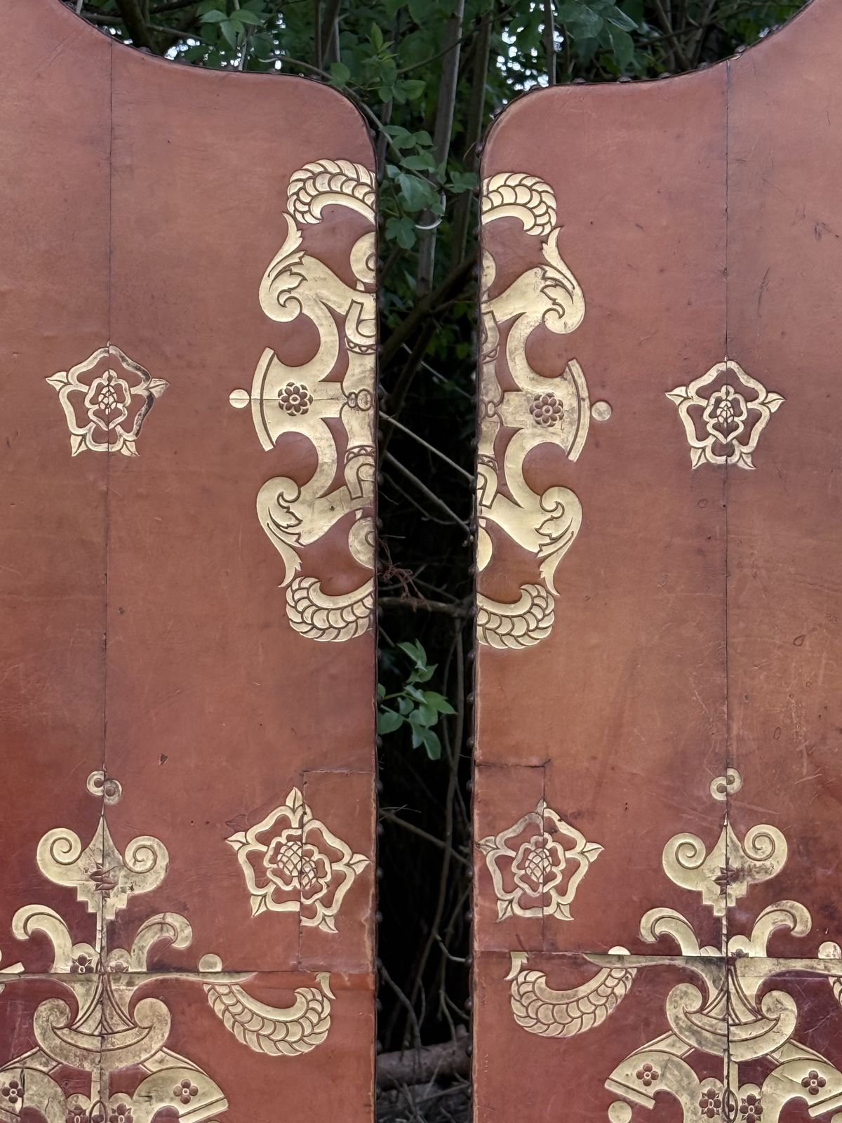 photo vintage Pair Of Leather Gilt Single Headboards