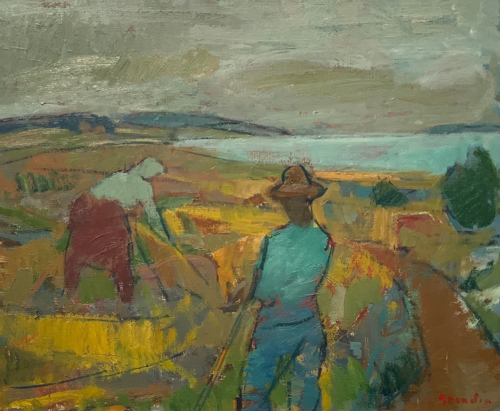 Svan Grandin (1906  1982) Vintage Painting Landscape “Harvesters”, Signed photo furniture