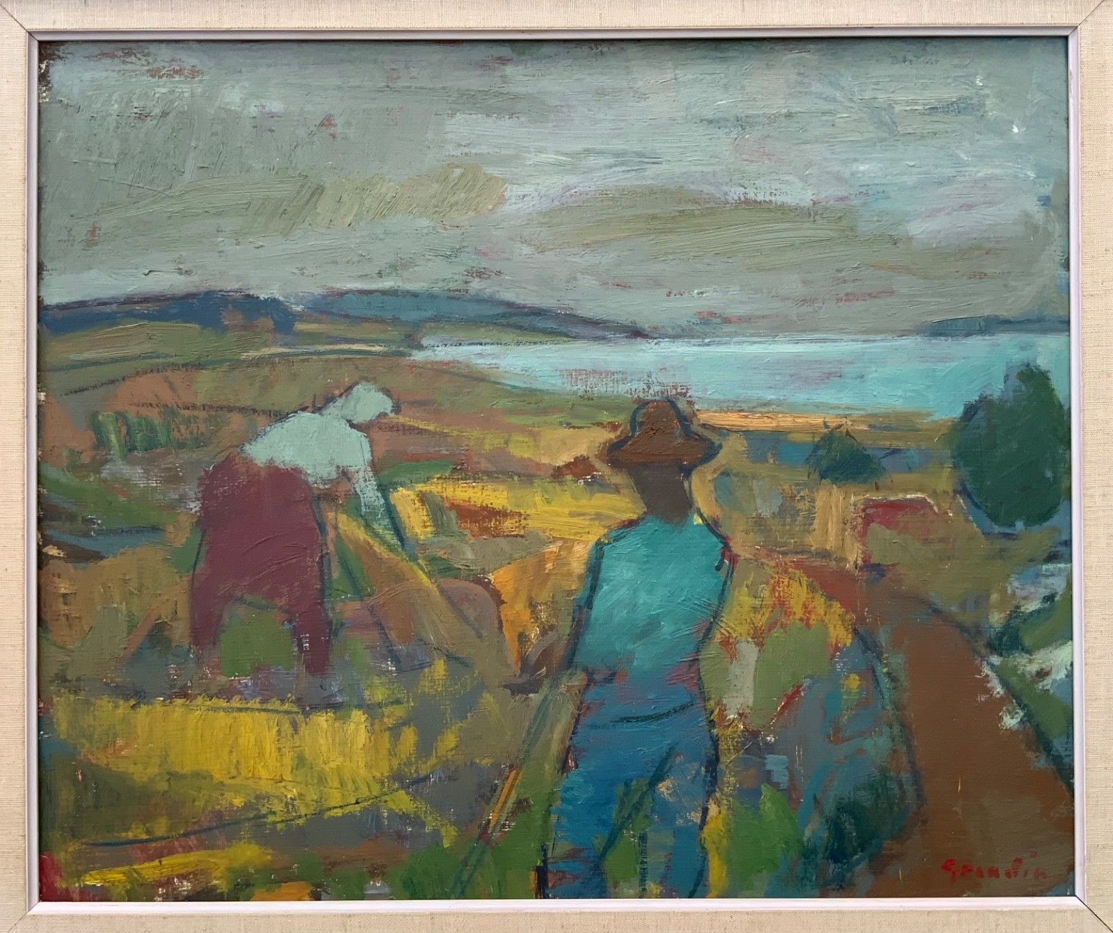 Svan Grandin (1906  1982) Vintage Painting Landscape “Harvesters”, Signed photo 500.0