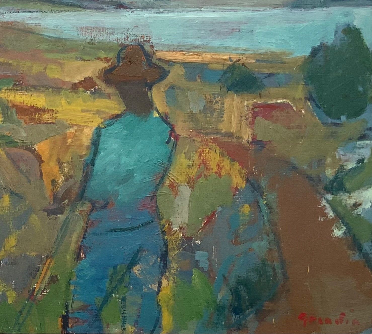Svan Grandin (1906  1982) Vintage Painting Landscape “Harvesters”, Signed photo buy