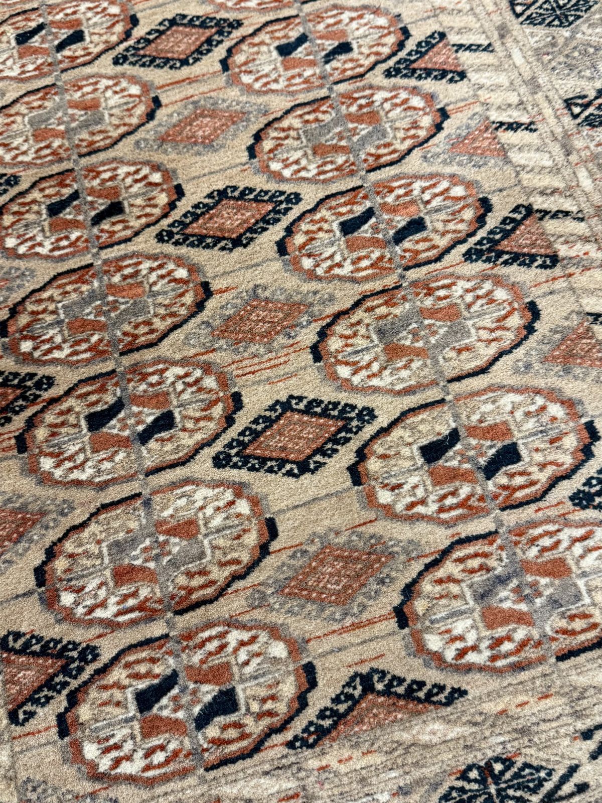 photo for sale Mid Century Hand Knotted Afghan Bokhara Rug, Muted Earth Tones,