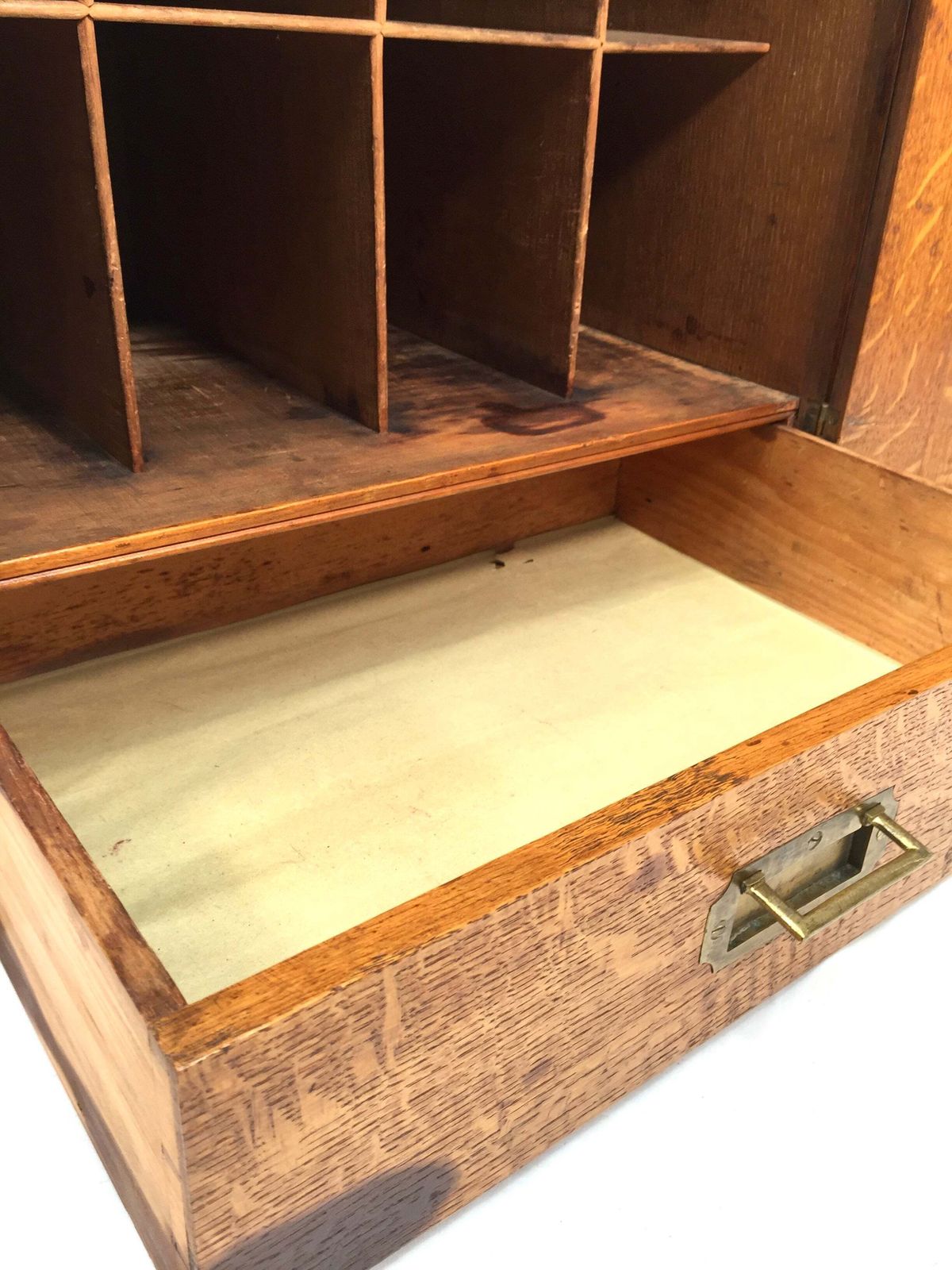 Antique Large Oak Desktop Wooden Stationery Cabinet Storage Box With Key C.1920 photo vintage