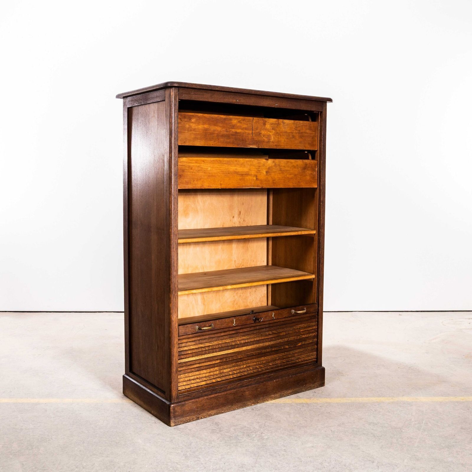 1940’s French Small Oak Atelier Tambour Cabinet