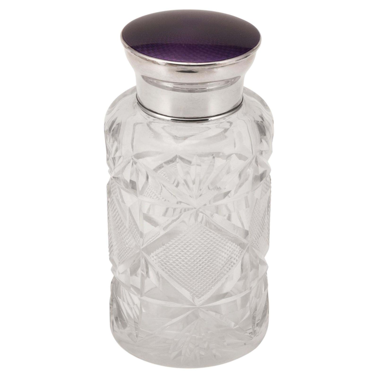 20th Century English Solid Silver, Guilloché Enamel & Cut Crystal Jar C.1927