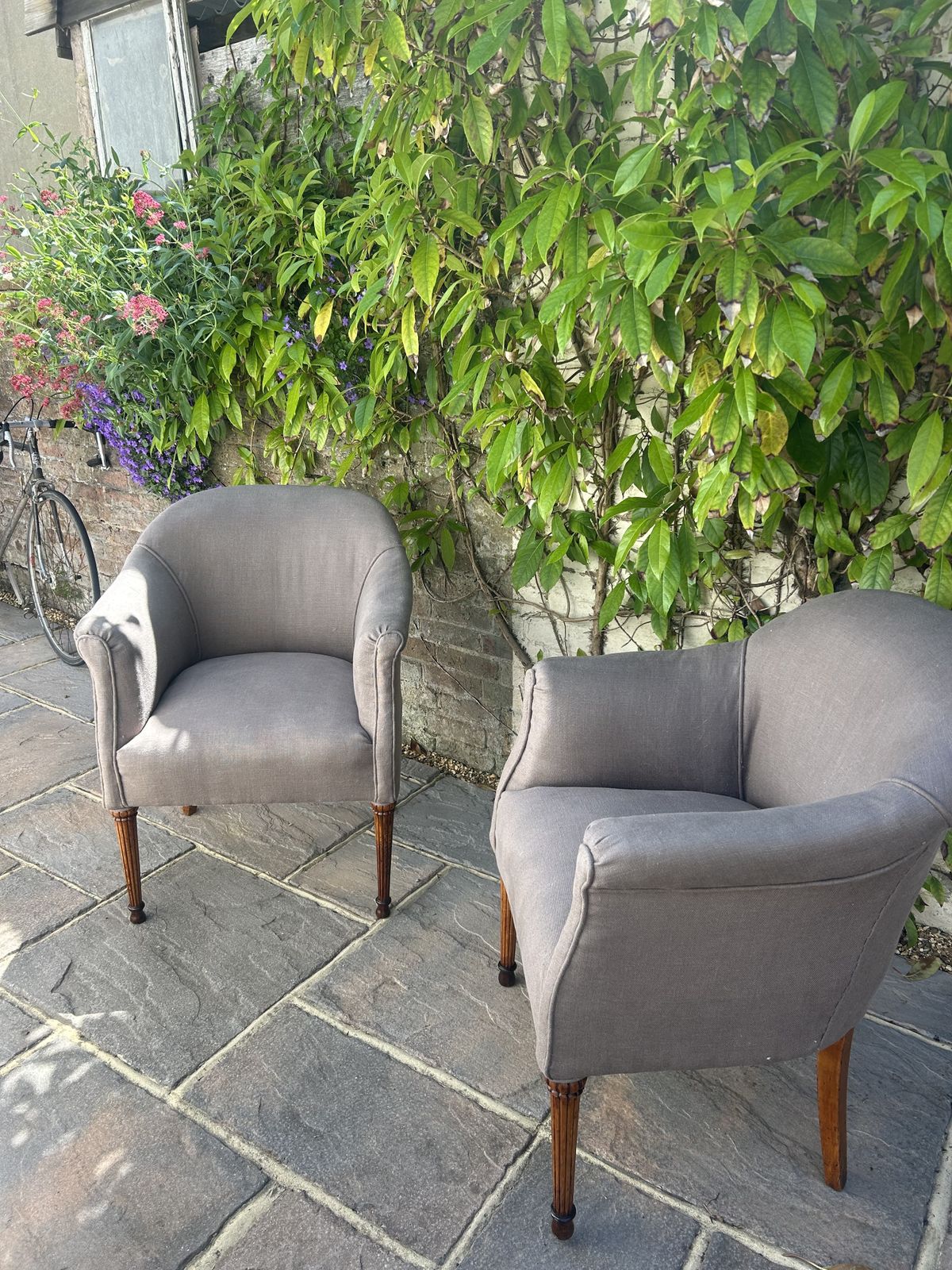 Pair Of Antique French Tub Chairs With Fluted Legs And New Upholstery photo for sale