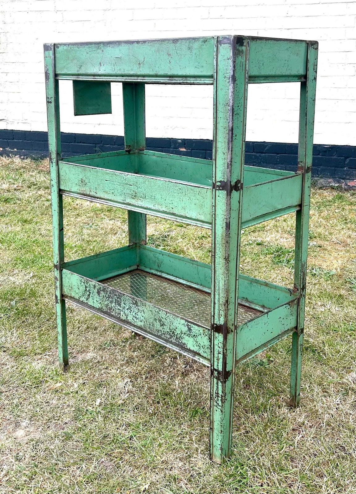 Industrial Factory Green Shelving Unit Trolley Cabinet Storage Metal Vintage Antique Bathroom Rack Mancave Kitchen Retro Drinks photo for sale