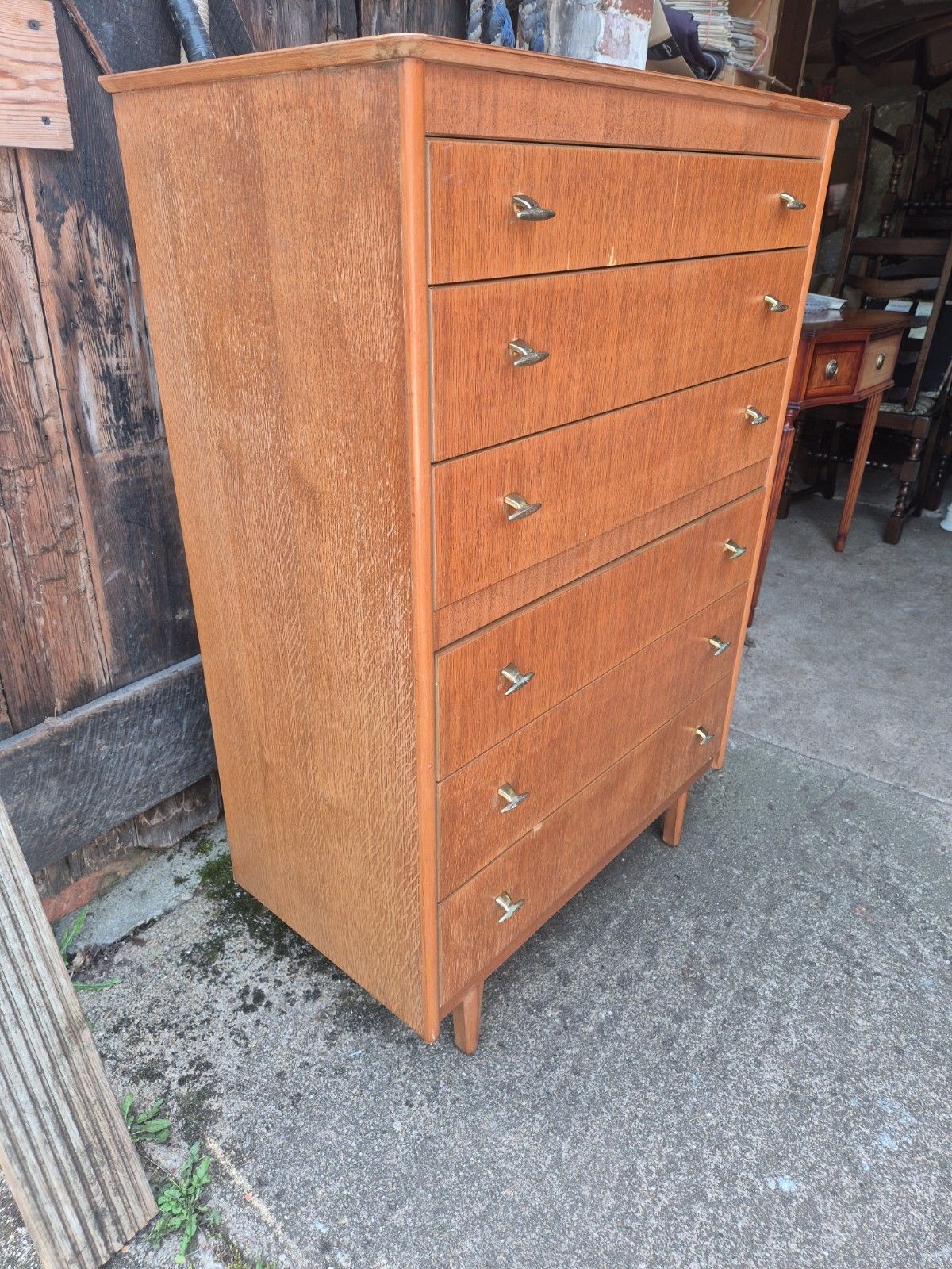 Vintage Retro Midcentury Light Oak Tallboy Chest Of 6 Drawers By Lebus photo furniture