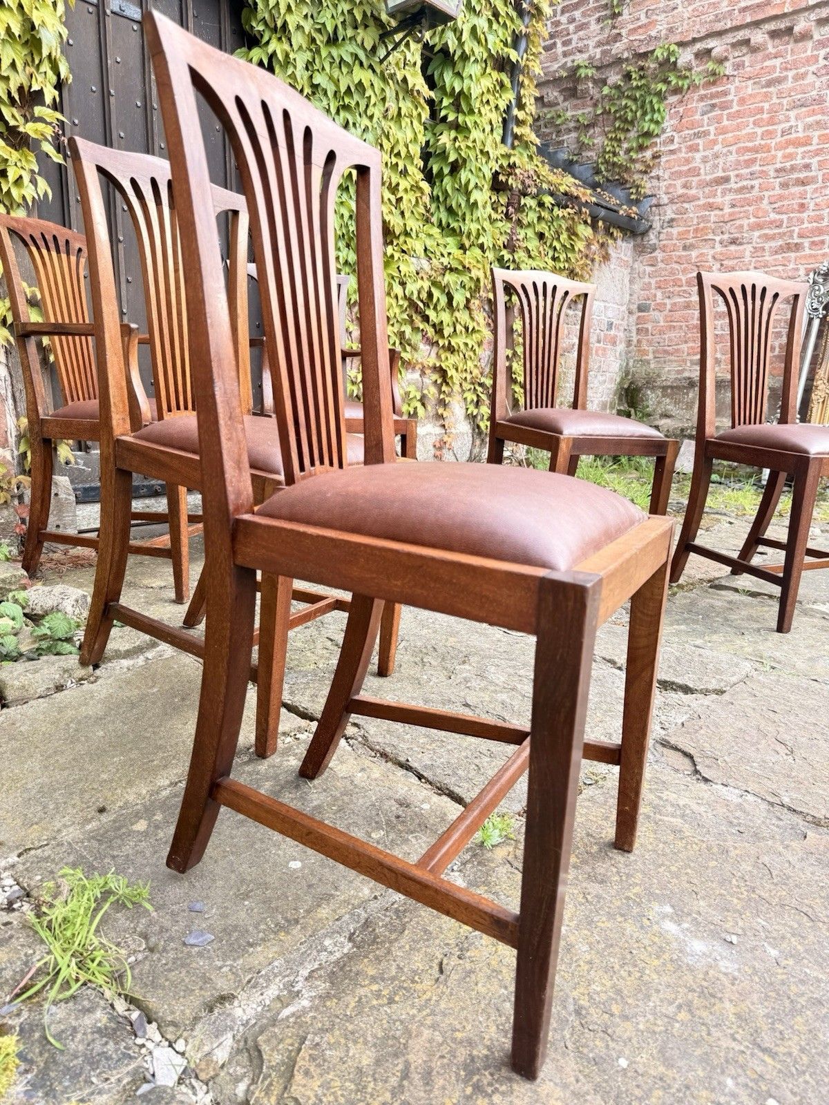 Set 8 Antique Mahogany Arts & Crafts Drop In Slat Back Kitchen Dining Chairs photo buy