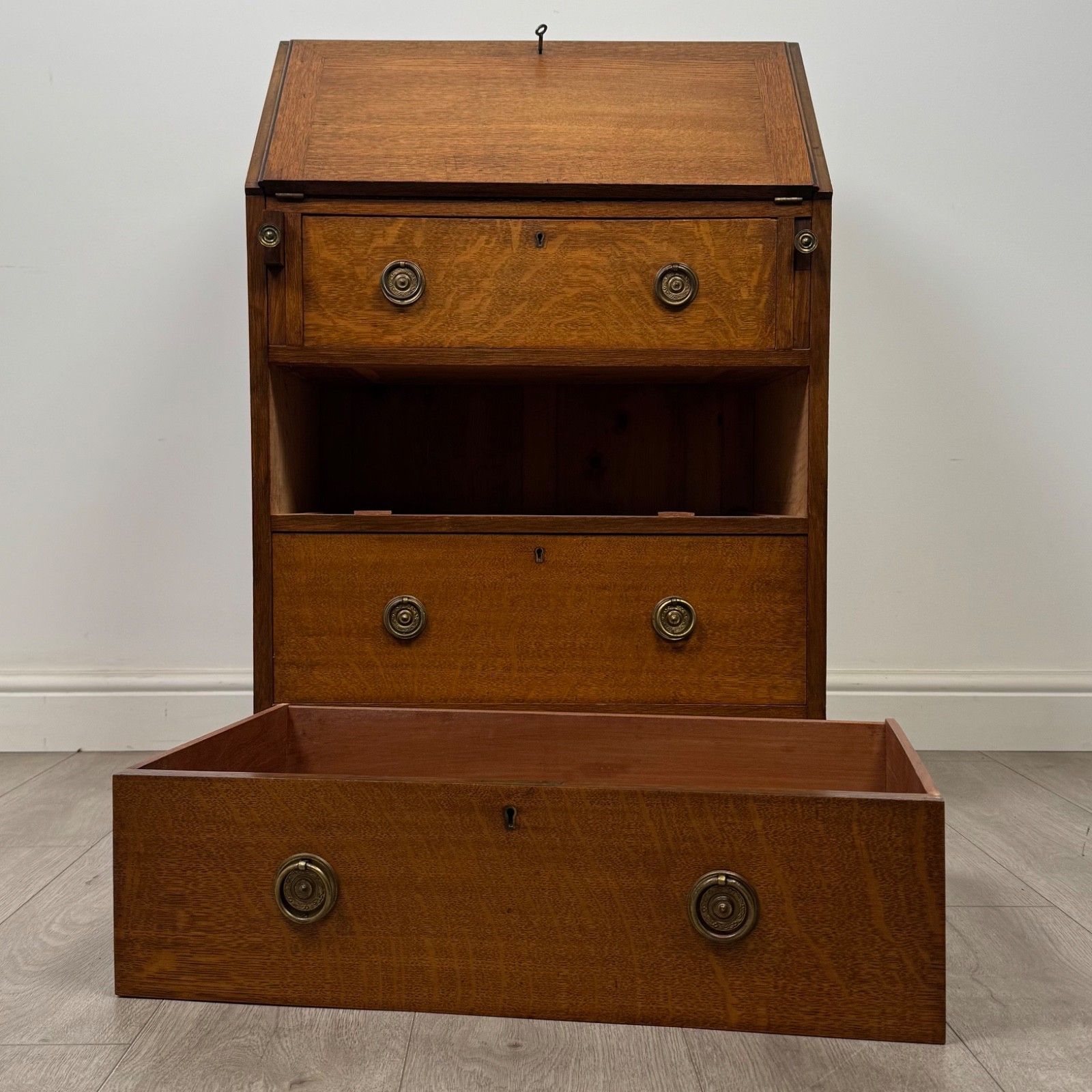 585.0 Antique 20th Century Edwardian Bureau In Golden Oak ( Af 5698 ) photo