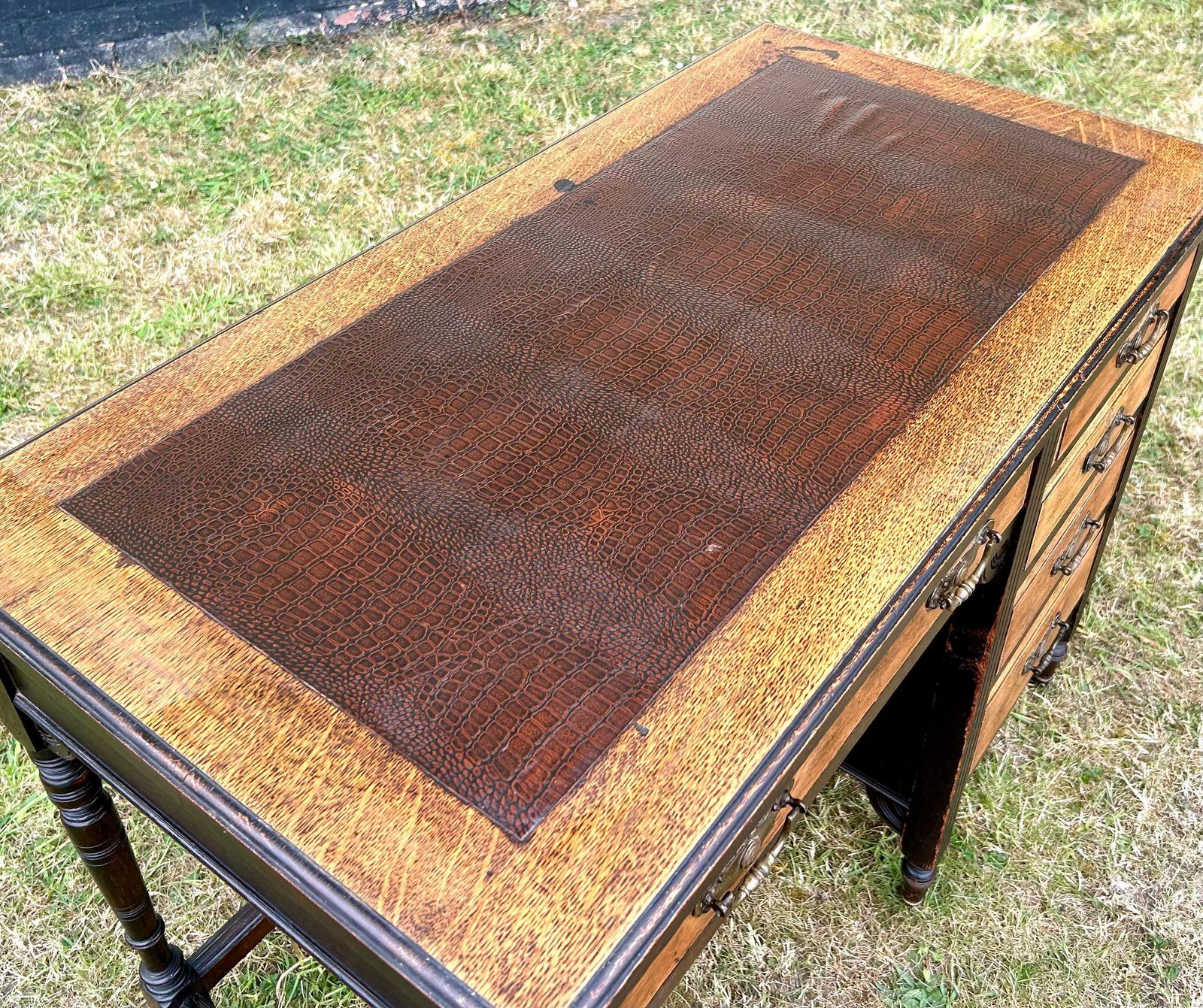 Victorian Aesthetic Movement Antique Oak Desk Cabinet Vintage Storage Arts And Crafts Office Leather Wooden Table Crocodile Leather photo 500.0