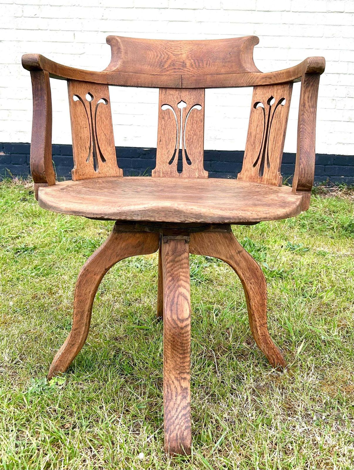 Art Nouveau Edwardian Oak Captains Swivel Chair Wooden Desk Office Antique Vintage Industrial Seating Kitchen Retro Armchair