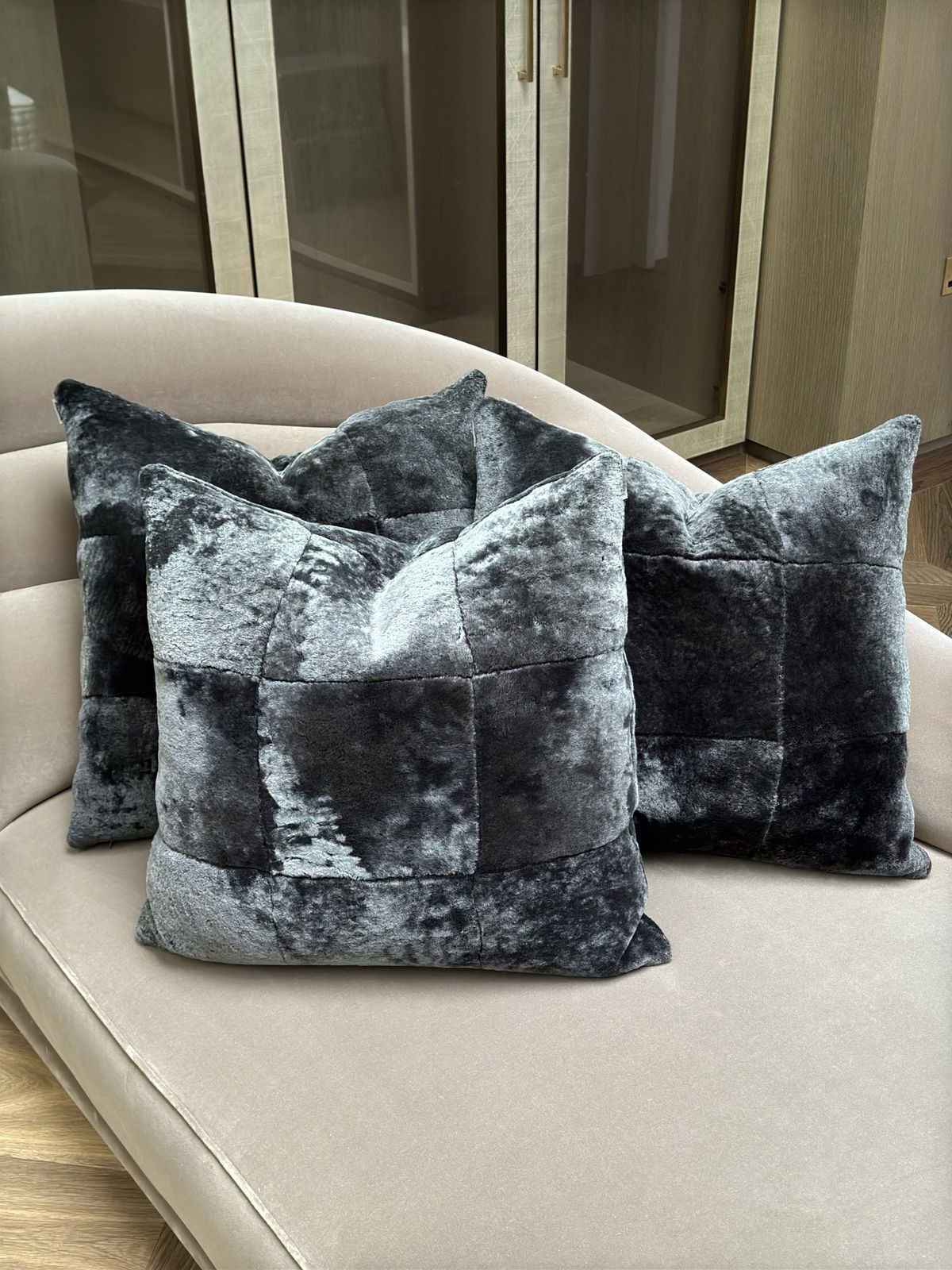 Set Of 3 Black Shearling Cushions By Alma London, Spain, 2010 photo buy