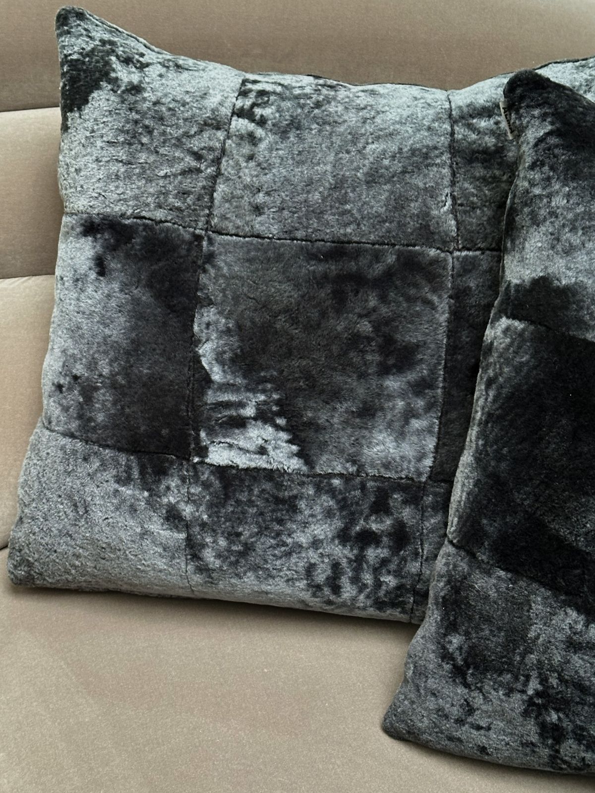 Set Of 3 Black Shearling Cushions By Alma London, Spain, 2010 photo vintage