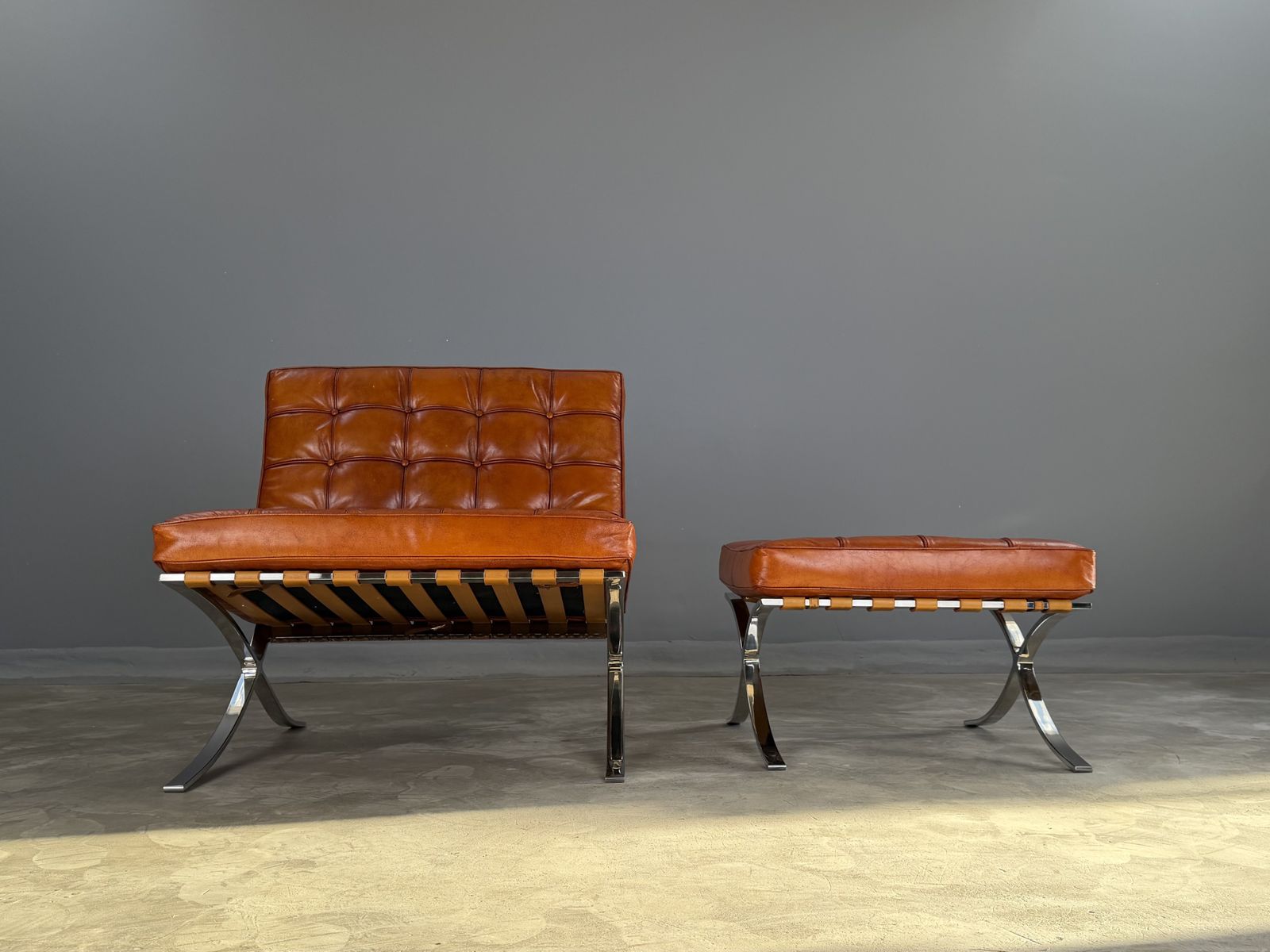 photo for sale Barcelona Chair Leather Lounge Brown Tan Cognac Accent Chair Bauhaus Statement Armchair