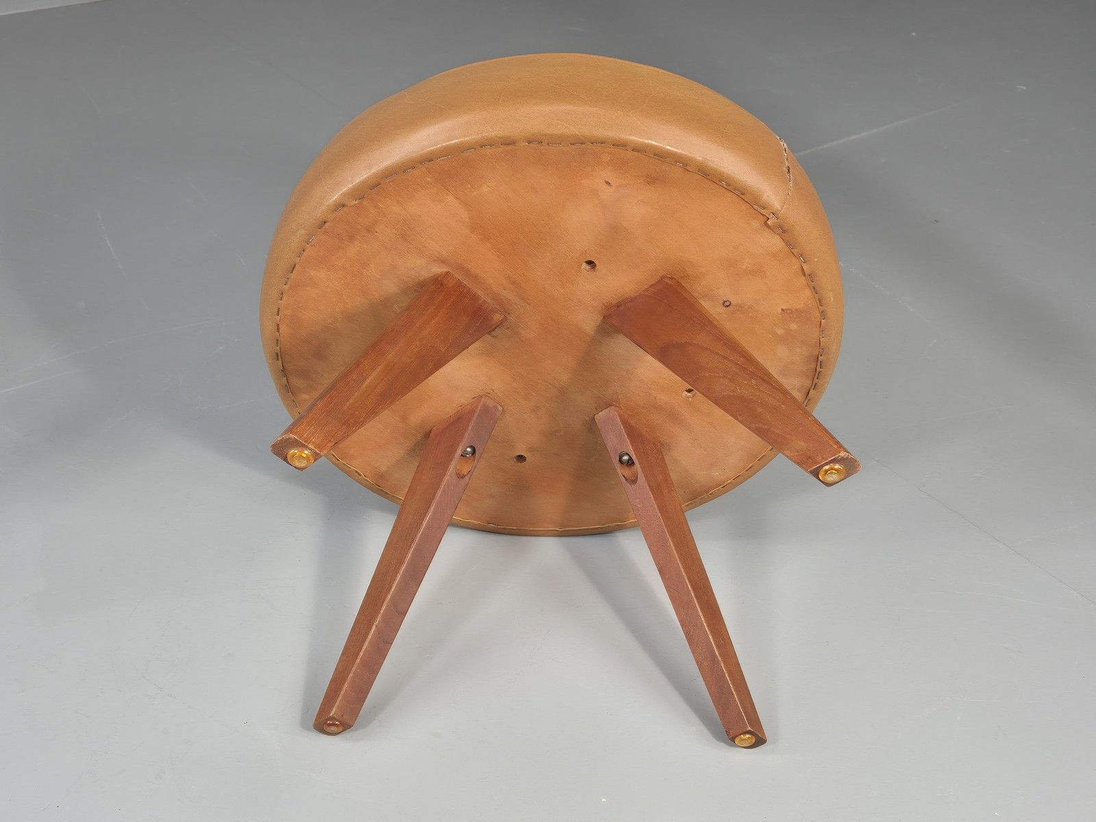 Vintage Mid Century Foot Stool Brown Vinyl Danish Teak Round Retro Mcm Eb12022 photo 100.0