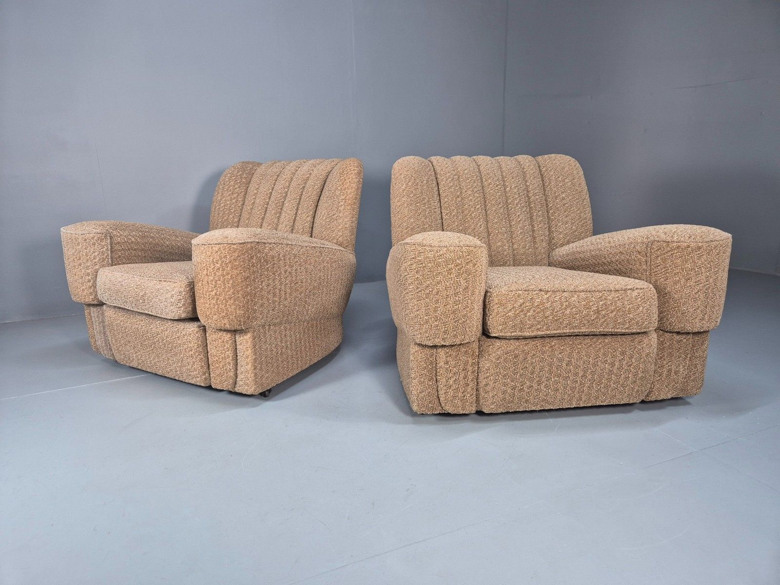 2 Vintage Art Deco Armchairs Beige Chenille Upholstery 1940s Eb09684 photo for sale