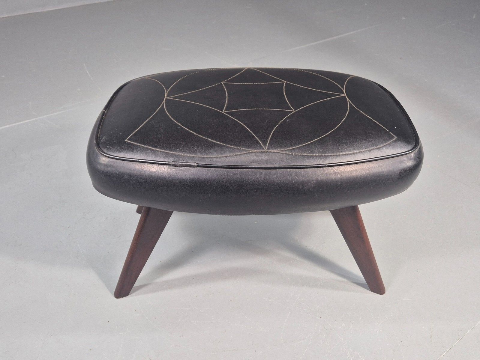 Vintage Danish Mid Century Footstool Black Vinyl Teak Legs 1960s Retro Eb12048 photo furniture