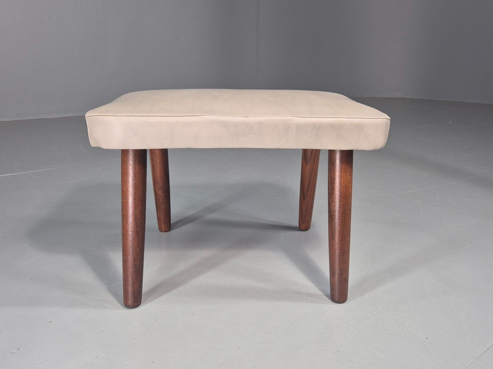 Vintage Mid Century Footstool Danish Cream Vinyl Teak Legs 1960s Retro Eb12055 photo furniture