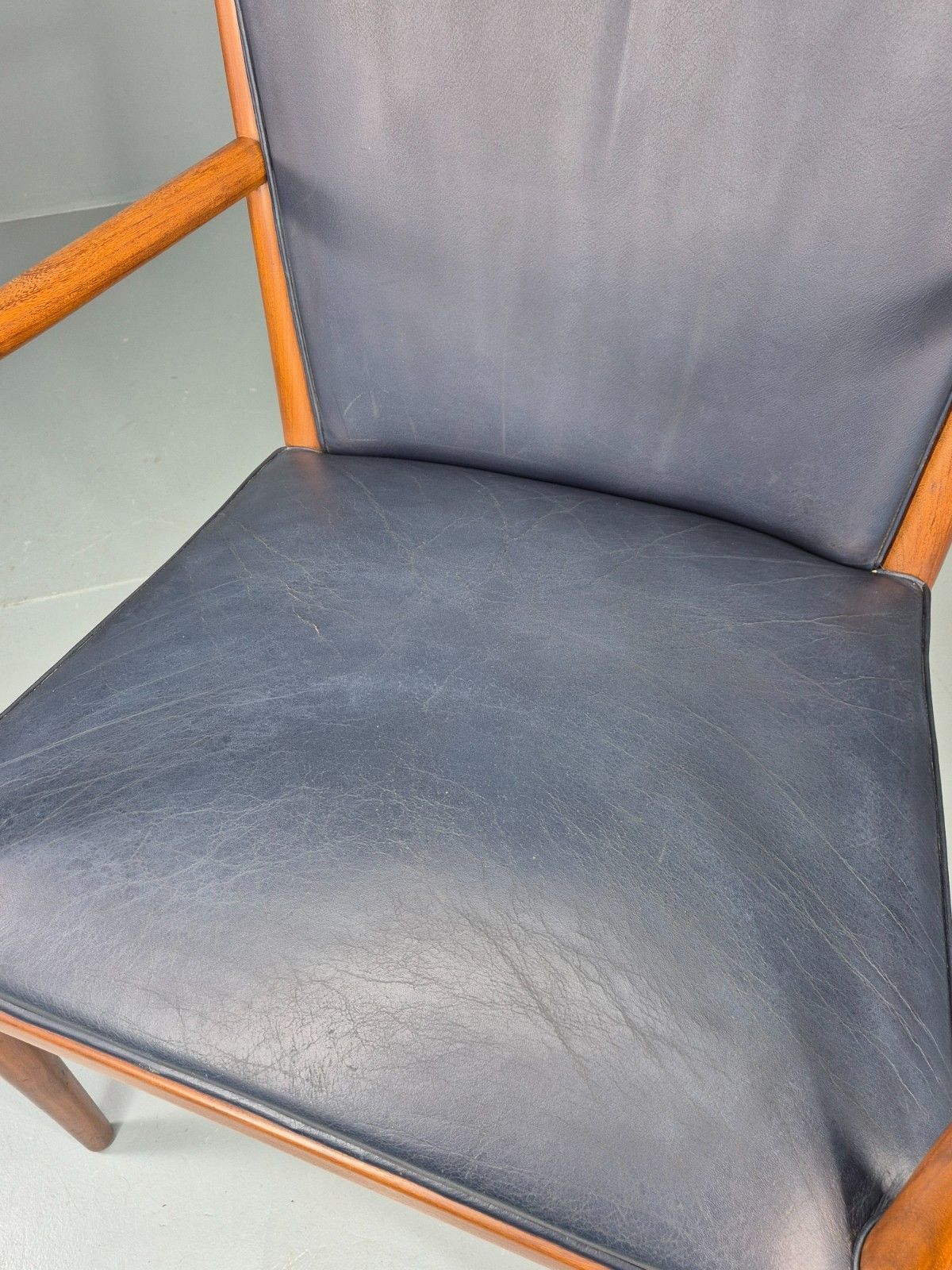 Vintage Mid Century Teak Armchair Blue Leather 1960s Retro Eb11906 photo 375.0