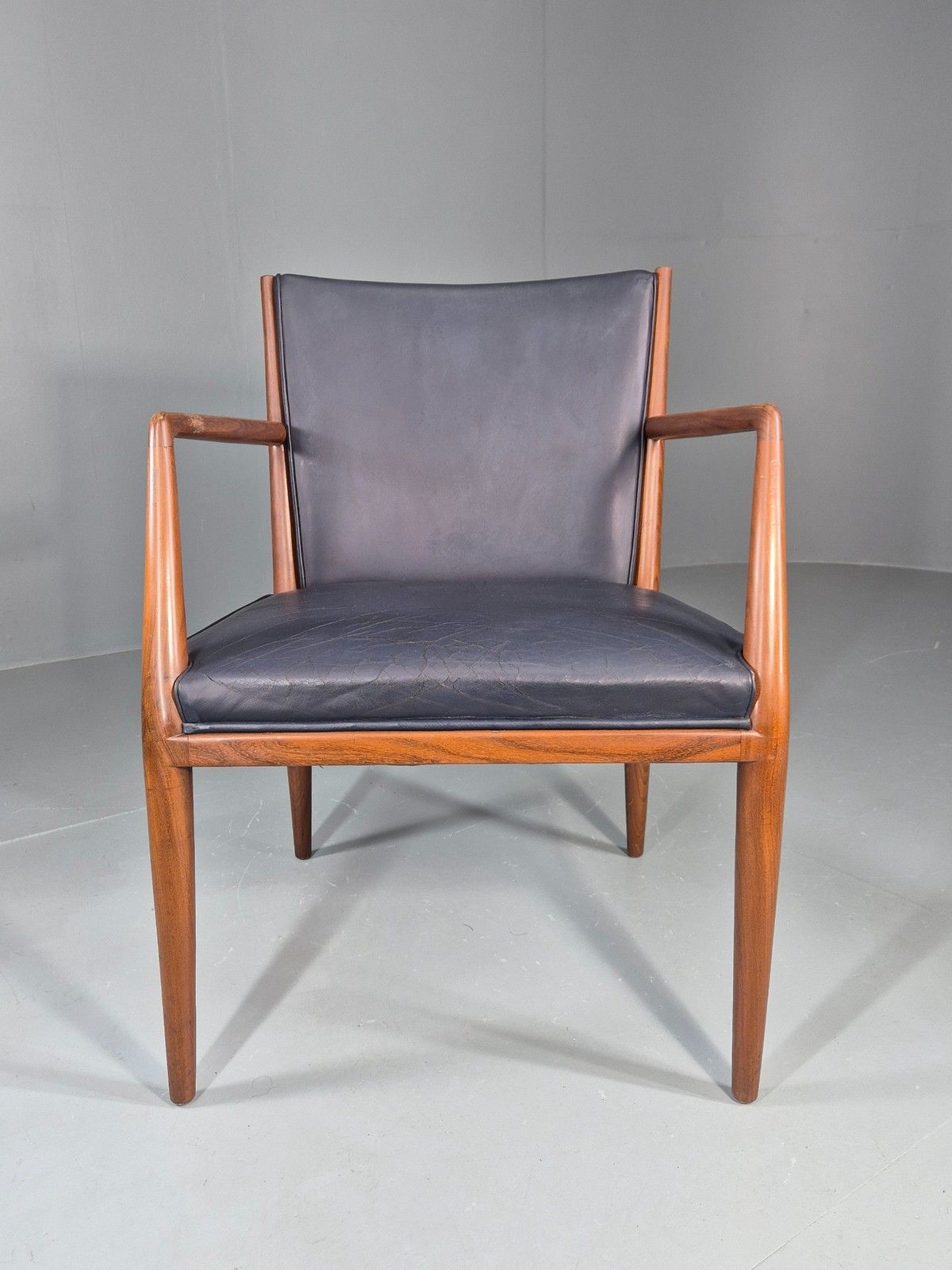 Vintage Mid Century Teak Armchair Blue Leather 1960s Retro Eb11910 photo for sale