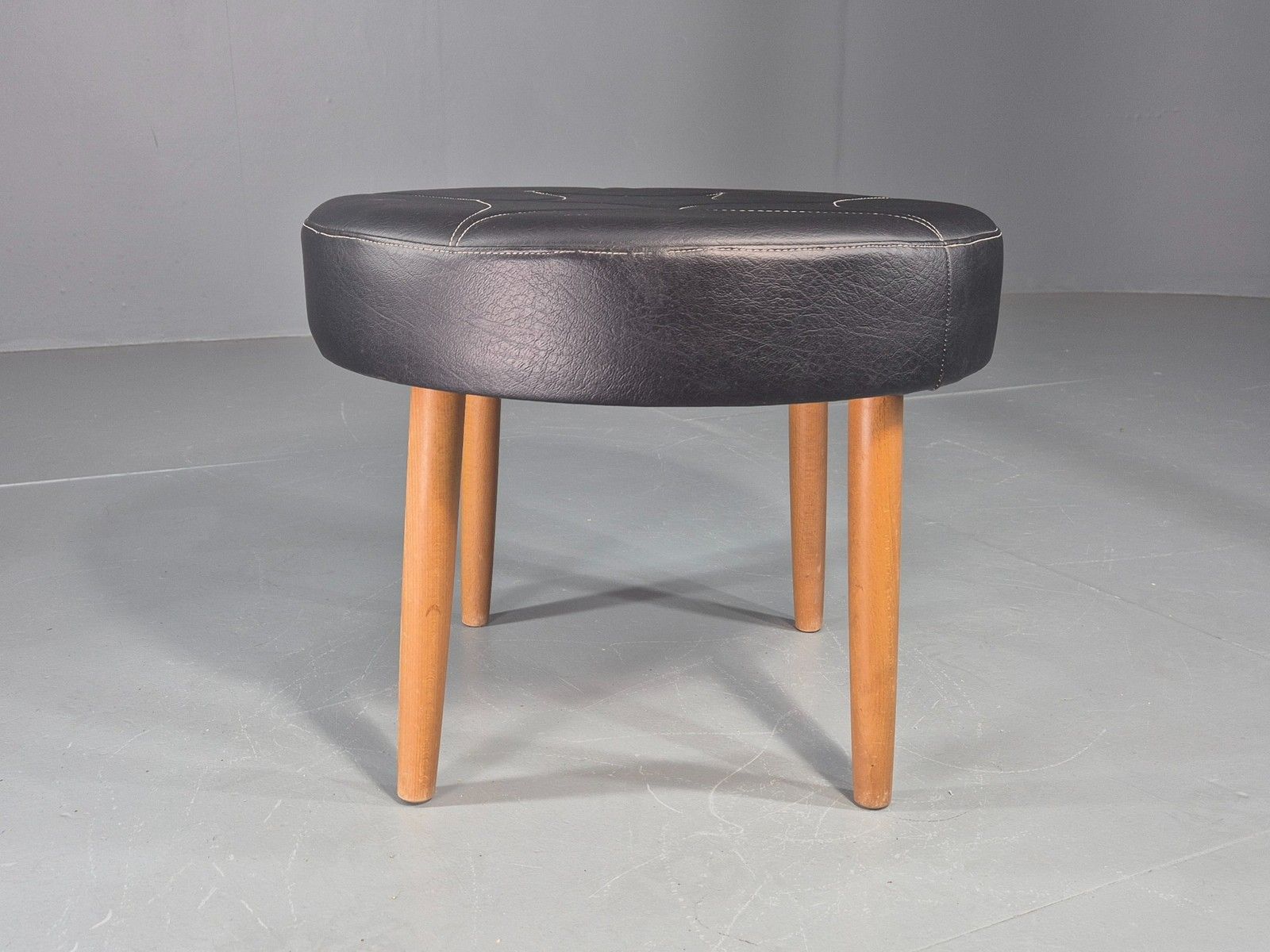 Vintage Danish Mid Century Footstool Black Vinyl Round Beech Legs Retro Eb12092 photo furniture