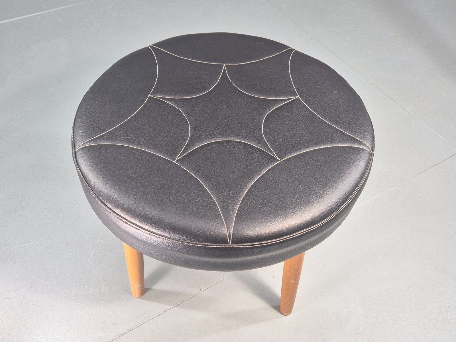 Vintage Danish Mid Century Footstool Black Vinyl Round Beech Legs Retro Eb12092 photo vinterior