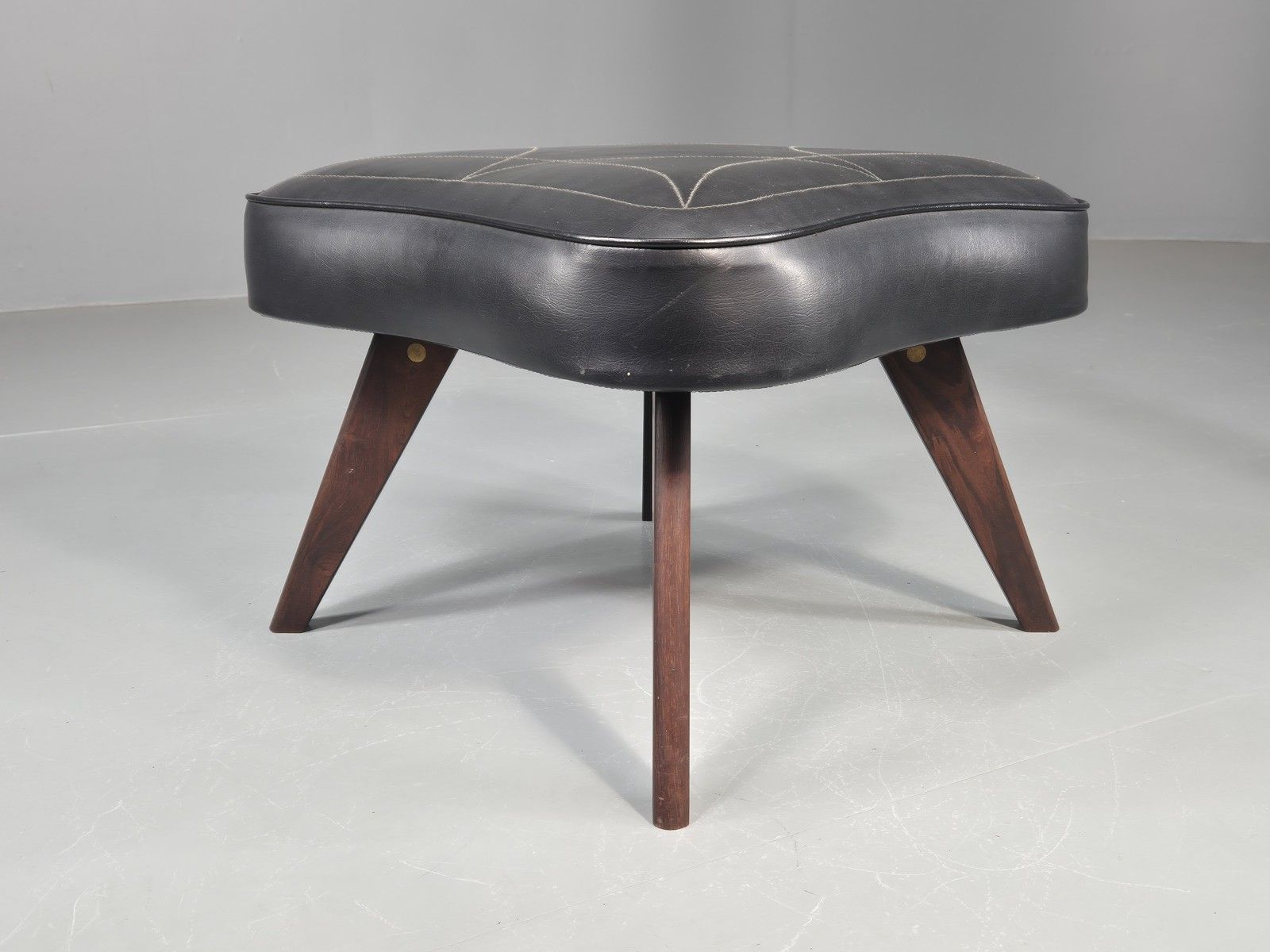 Vintage Danish Mid Century Footstool Black Vinyl Rosewood Legs 1960s Eb12100 photo Furniture