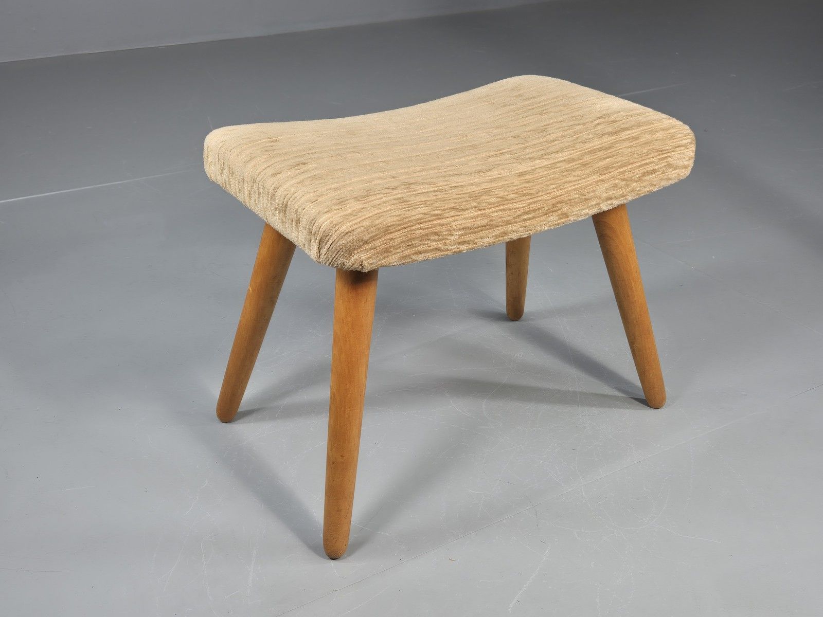 Vintage Danish Mid Century Footstool Beech Legs Beige Corduroy 1960s Eb12101