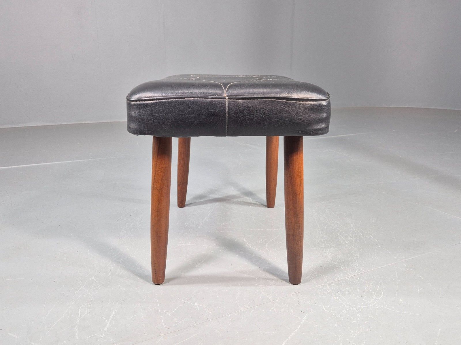 Vintage Mid Century Footstool Danish Black Vinyl Teak Legs 1960s Retro Eb12012 photo 70.0